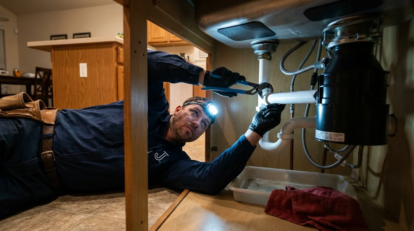 P-trap and supply line connections under a kitchen sink showing a common leak point in Hawthorne, FL